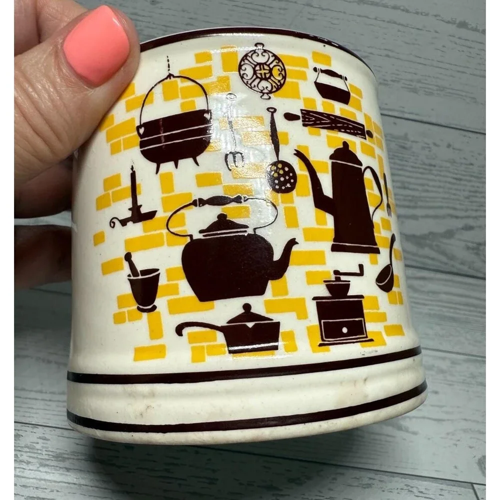 Vintage Yellow Brick and Brown Cast Iron Ceramic Cream and Sugar Set
